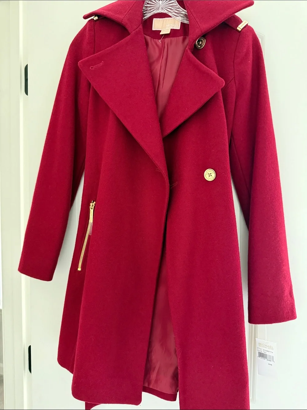 Michael Kors Womens Deep Red Wool Trench Coat with Gold Accents